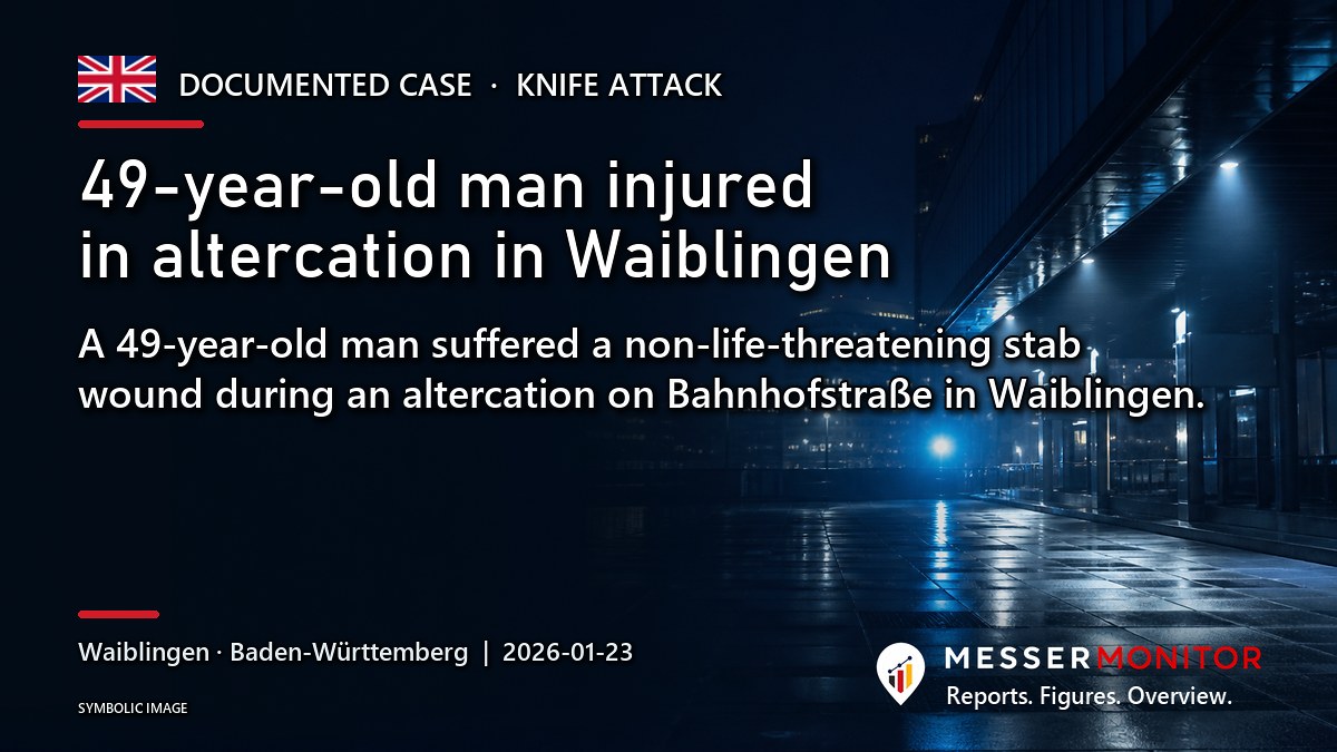 Title image: 49-year-old man injured in altercation in Waiblingen. A 49-year-old man suffered a non-life-threatening stab wound during an altercation on Bahnhofstraße in Waiblingen..