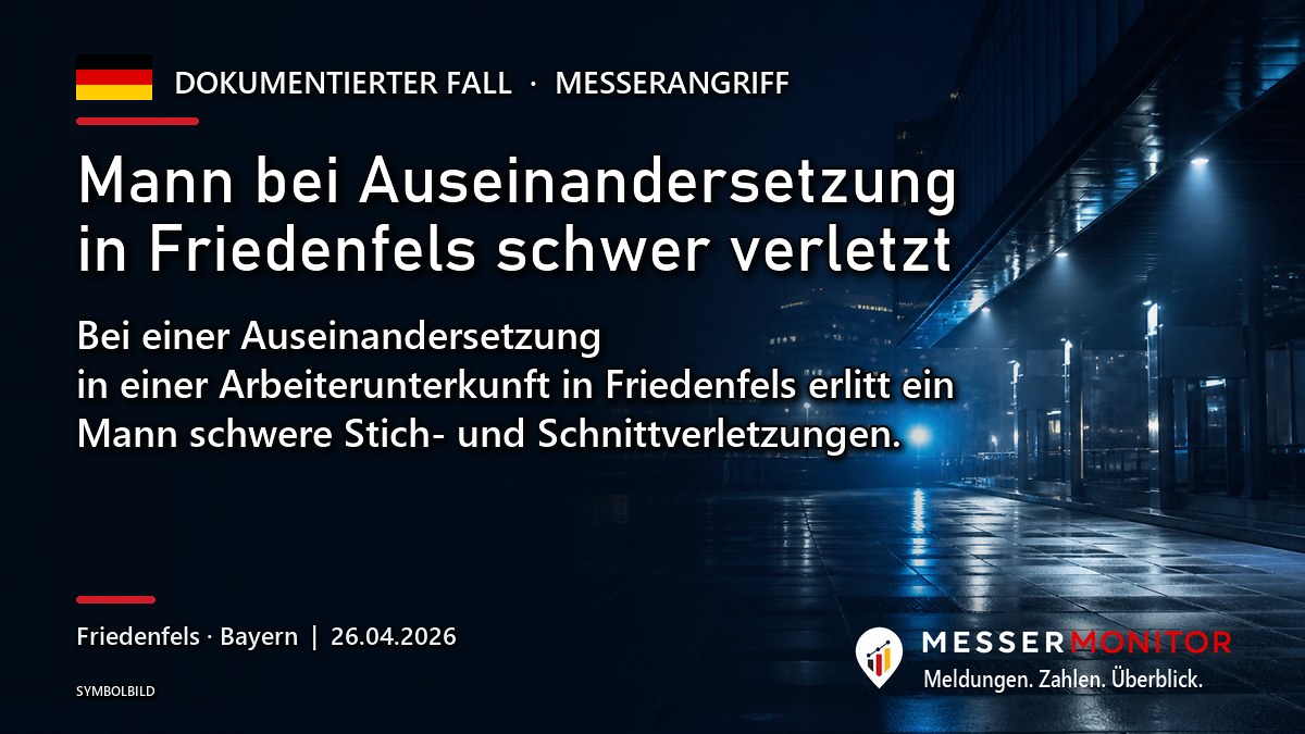 Titelgrafik: Mann bei Auseinandersetzung in Friedenfels schwer verletzt. Bei einer Auseinandersetzung in einer Arbeiterunterkunft in Friedenfels erlitt ein Mann schwere Stich- und Schnittverletzungen..