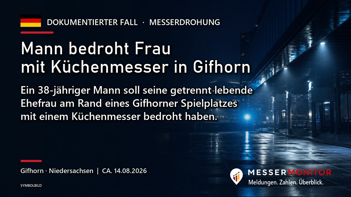 Titelgrafik: Mann bedroht Frau mit Küchenmesser in Gifhorn. Ein 38-jähriger Mann soll seine getrennt lebende Ehefrau am Rand eines Gifhorner Spielplatzes mit einem Küchenmesser bedroht haben..