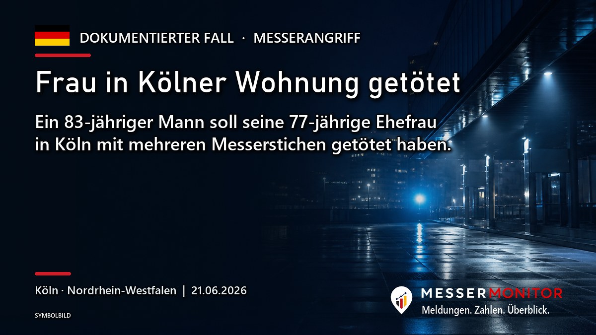 Titelgrafik: Frau in Kölner Wohnung getötet. Ein 83-jähriger Mann soll seine 77-jährige Ehefrau in Köln mit mehreren Messerstichen getötet haben..