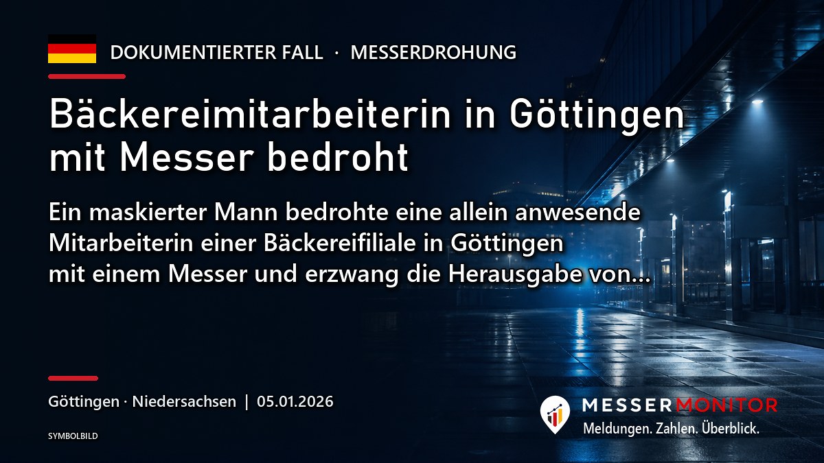 Titelgrafik: Bäckereimitarbeiterin in Göttingen mit Messer bedroht. Ein maskierter Mann bedrohte eine allein anwesende Mitarbeiterin einer Bäckereifiliale in Göttingen mit einem Messer und erzwang die Herausgabe von….