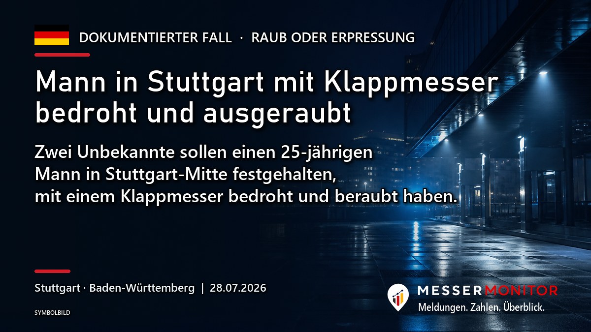 Titelgrafik: Mann in Stuttgart mit Klappmesser bedroht und ausgeraubt. Zwei Unbekannte sollen einen 25-jährigen Mann in Stuttgart-Mitte festgehalten, mit einem Klappmesser bedroht und beraubt haben..