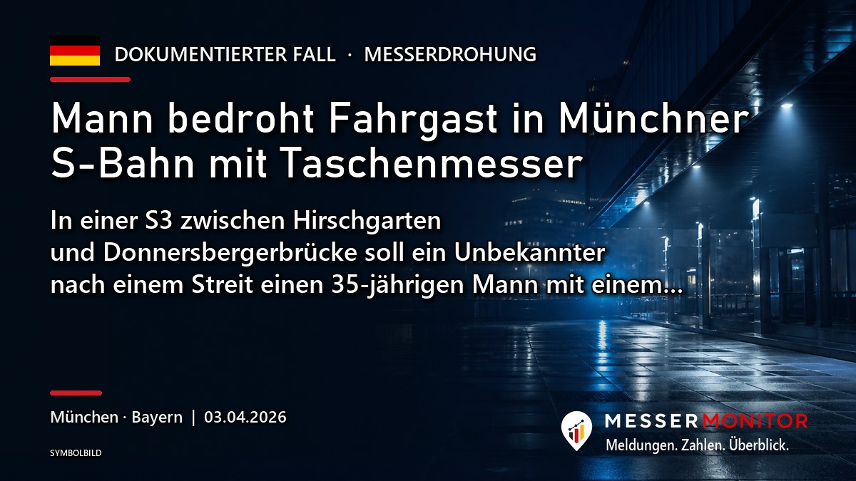 Titelgrafik: Mann bedroht Fahrgast in Münchner S-Bahn mit Taschenmesser. In einer S3 zwischen Hirschgarten und Donnersbergerbrücke soll ein Unbekannter nach einem Streit einen 35-jährigen Mann mit einem….