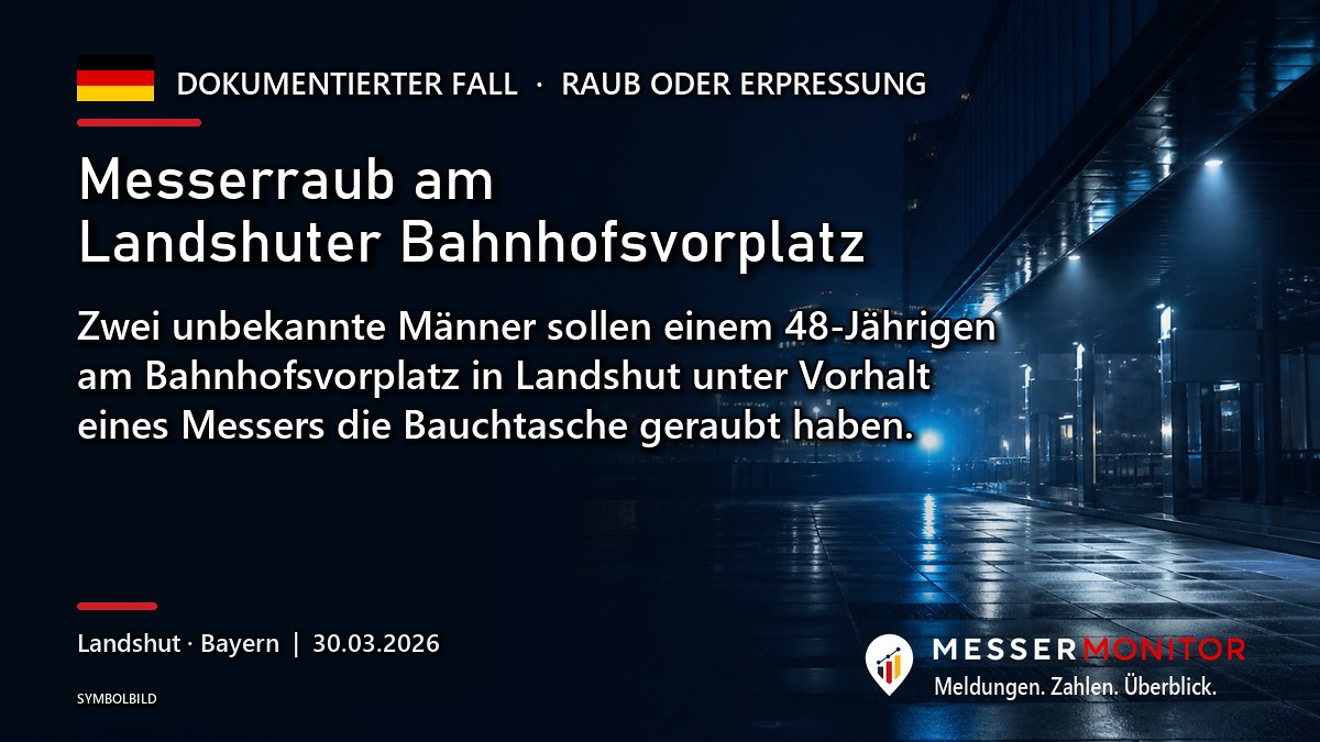 Titelgrafik: Messerraub am Landshuter Bahnhofsvorplatz. Zwei unbekannte Männer sollen einem 48-Jährigen am Bahnhofsvorplatz in Landshut unter Vorhalt eines Messers die Bauchtasche geraubt haben..