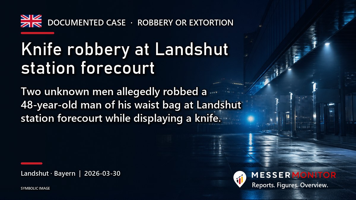 Title image: Knife robbery at Landshut station forecourt. Two unknown men allegedly robbed a 48-year-old man of his waist bag at Landshut station forecourt while displaying a knife..