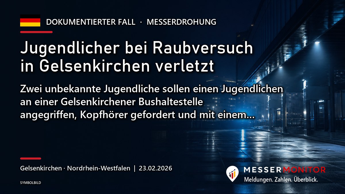 Titelgrafik: Jugendlicher bei Raubversuch in Gelsenkirchen verletzt. Zwei unbekannte Jugendliche sollen einen Jugendlichen an einer Gelsenkirchener Bushaltestelle angegriffen, Kopfhörer gefordert und mit einem….