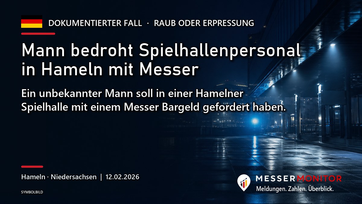 Titelgrafik: Mann bedroht Spielhallenpersonal in Hameln mit Messer. Ein unbekannter Mann soll in einer Hamelner Spielhalle mit einem Messer Bargeld gefordert haben..