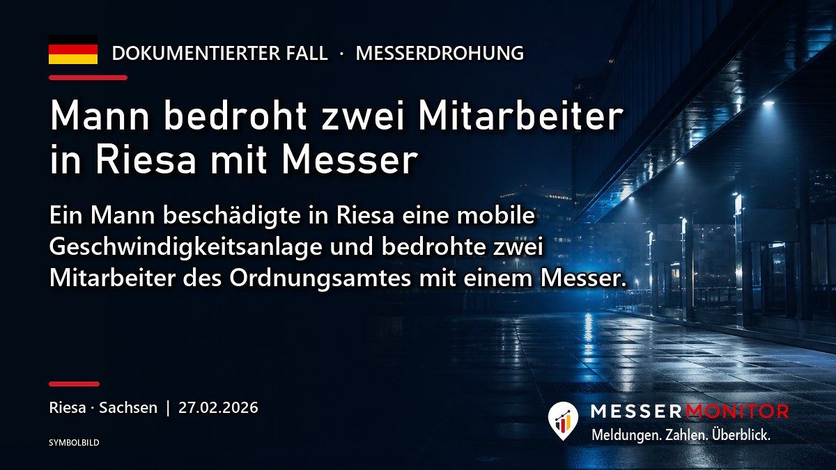 Titelgrafik: Mann bedroht zwei Mitarbeiter in Riesa mit Messer. Ein Mann beschädigte in Riesa eine mobile Geschwindigkeitsanlage und bedrohte zwei Mitarbeiter des Ordnungsamtes mit einem Messer..