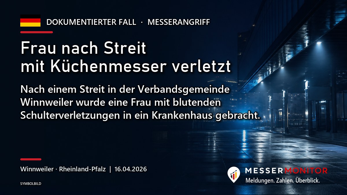 Titelgrafik: Frau nach Streit mit Küchenmesser verletzt. Nach einem Streit in der Verbandsgemeinde Winnweiler wurde eine Frau mit blutenden Schulterverletzungen in ein Krankenhaus gebracht..