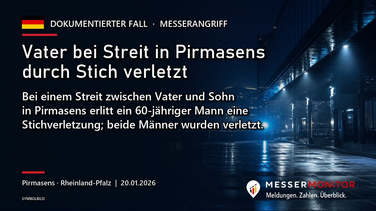Titelgrafik: Vater bei Streit in Pirmasens durch Stich verletzt. Bei einem Streit zwischen Vater und Sohn in Pirmasens erlitt ein 60-jähriger Mann eine Stichverletzung; beide Männer wurden verletzt..