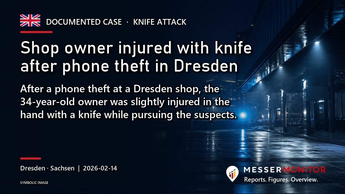 Title image: Shop owner injured with knife after phone theft in Dresden. After a phone theft at a Dresden shop, the 34-year-old owner was slightly injured in the hand with a knife while pursuing the suspects..