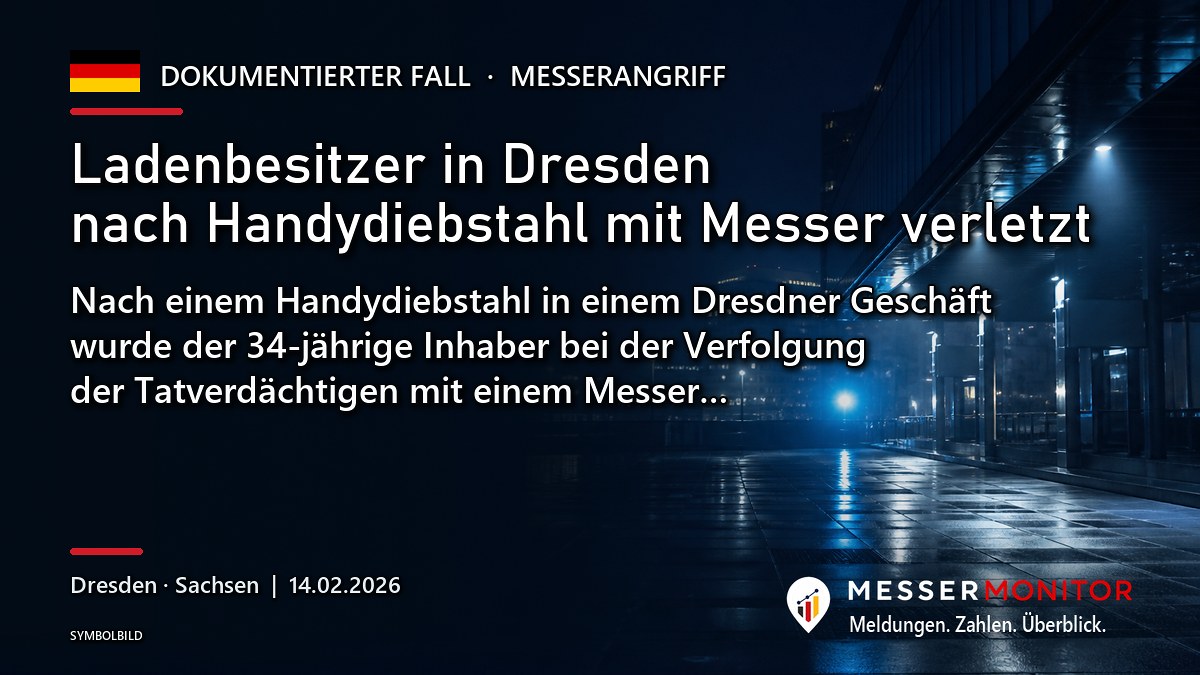 Titelgrafik: Ladenbesitzer in Dresden nach Handydiebstahl mit Messer verletzt. Nach einem Handydiebstahl in einem Dresdner Geschäft wurde der 34-jährige Inhaber bei der Verfolgung der Tatverdächtigen mit einem Messer….