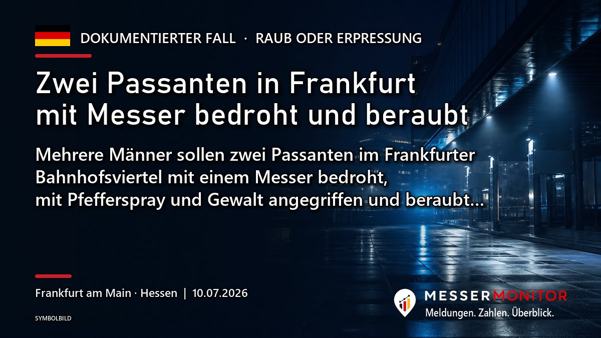 Titelgrafik: Zwei Passanten in Frankfurt mit Messer bedroht und beraubt. Mehrere Männer sollen zwei Passanten im Frankfurter Bahnhofsviertel mit einem Messer bedroht, mit Pfefferspray und Gewalt angegriffen und beraubt….