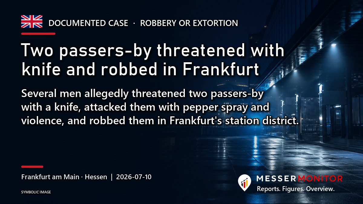 Title image: Two passers-by threatened with knife and robbed in Frankfurt. Several men allegedly threatened two passers-by with a knife, attacked them with pepper spray and violence, and robbed them in Frankfurt's station district..