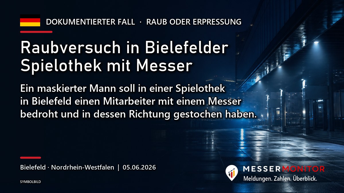 Titelgrafik: Raubversuch in Bielefelder Spielothek mit Messer. Ein maskierter Mann soll in einer Spielothek in Bielefeld einen Mitarbeiter mit einem Messer bedroht und in dessen Richtung gestochen haben..
