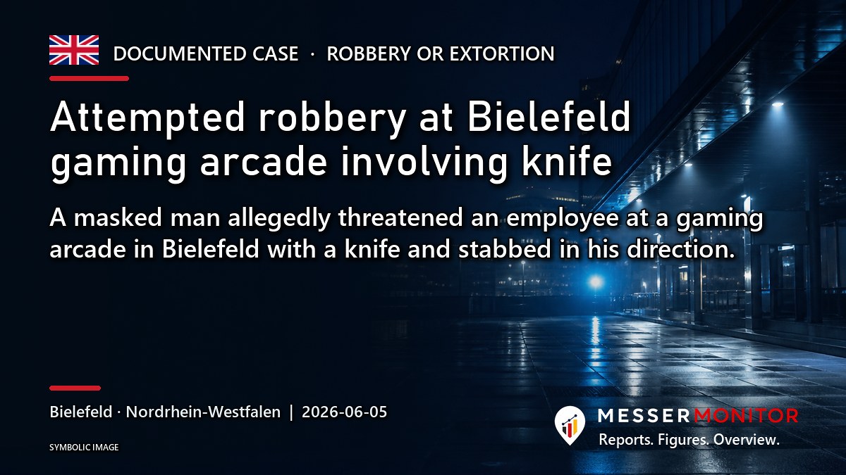 Title image: Attempted robbery at Bielefeld gaming arcade involving knife. A masked man allegedly threatened an employee at a gaming arcade in Bielefeld with a knife and stabbed in his direction..