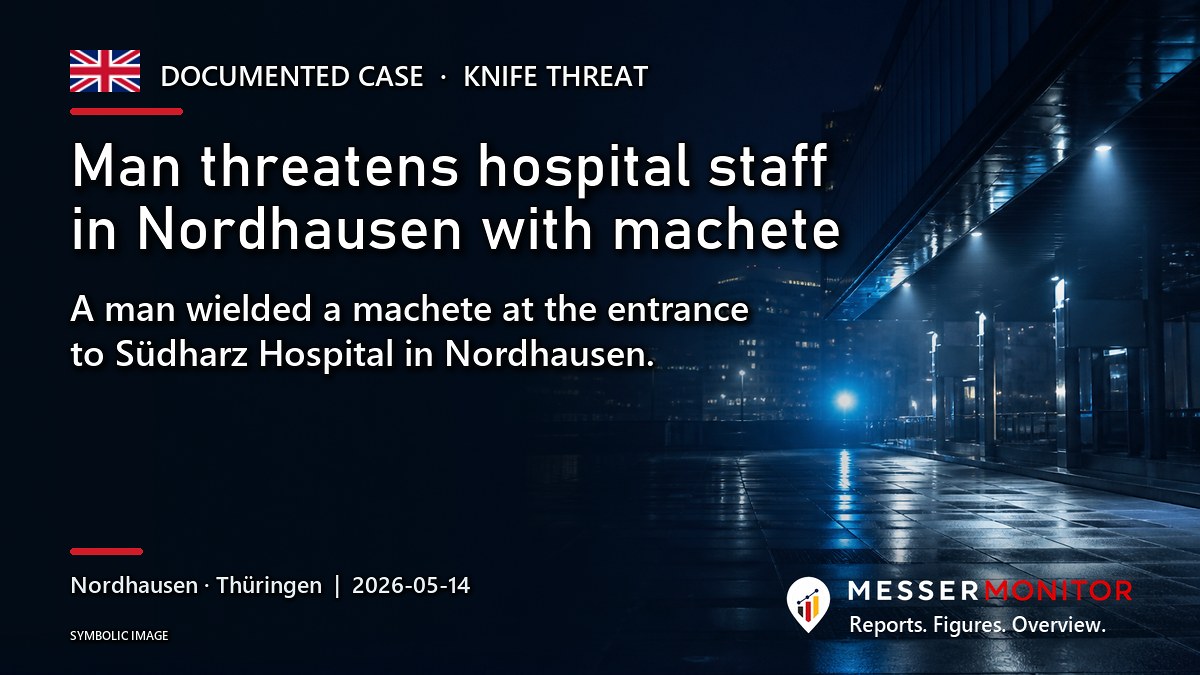 Title image: Man threatens hospital staff in Nordhausen with machete. A man wielded a machete at the entrance to Südharz Hospital in Nordhausen..