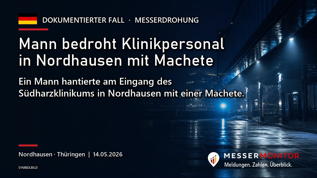 Titelgrafik: Mann bedroht Klinikpersonal in Nordhausen mit Machete. Ein Mann hantierte am Eingang des Südharzklinikums in Nordhausen mit einer Machete..