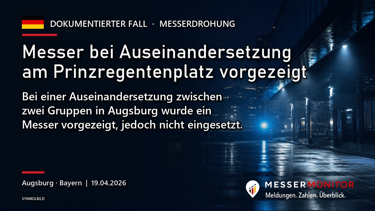 Titelgrafik: Messer bei Auseinandersetzung am Prinzregentenplatz vorgezeigt. Bei einer Auseinandersetzung zwischen zwei Gruppen in Augsburg wurde ein Messer vorgezeigt, jedoch nicht eingesetzt..