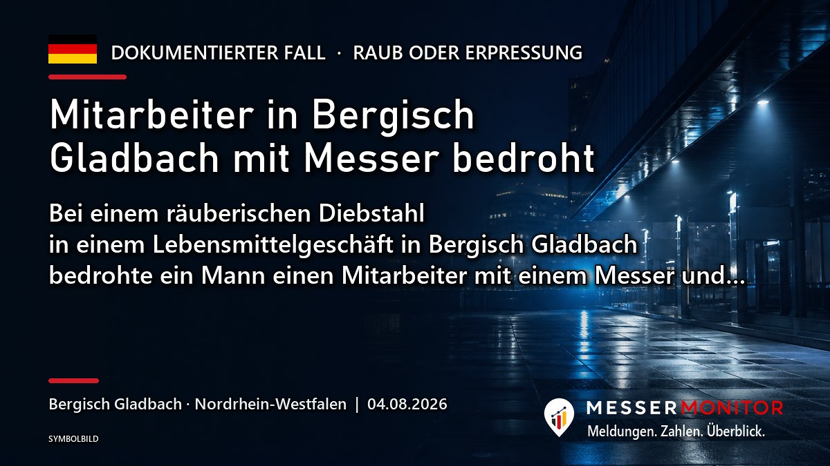 Titelgrafik: Mitarbeiter in Bergisch Gladbach mit Messer bedroht. Bei einem räuberischen Diebstahl in einem Lebensmittelgeschäft in Bergisch Gladbach bedrohte ein Mann einen Mitarbeiter mit einem Messer und….