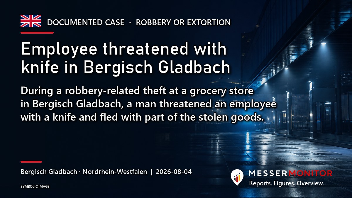 Title image: Employee threatened with knife in Bergisch Gladbach. During a robbery-related theft at a grocery store in Bergisch Gladbach, a man threatened an employee with a knife and fled with part of the stolen goods..