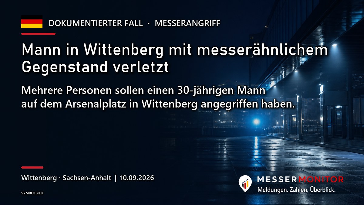 Titelgrafik: Mann in Wittenberg mit messerähnlichem Gegenstand verletzt. Mehrere Personen sollen einen 30-jährigen Mann auf dem Arsenalplatz in Wittenberg angegriffen haben.
