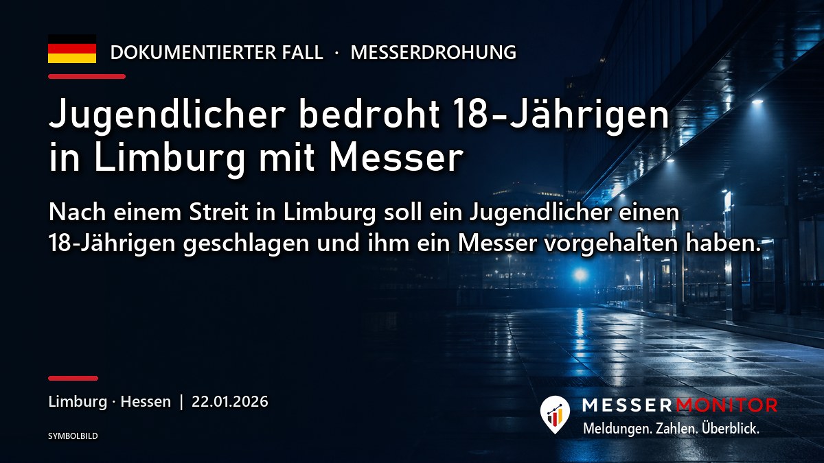 Titelgrafik: Jugendlicher bedroht 18-Jährigen in Limburg mit Messer. Nach einem Streit in Limburg soll ein Jugendlicher einen 18-Jährigen geschlagen und ihm ein Messer vorgehalten haben..