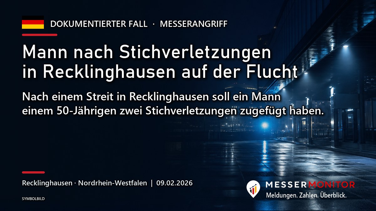 Titelgrafik: Mann nach Stichverletzungen in Recklinghausen auf der Flucht. Nach einem Streit in Recklinghausen soll ein Mann einem 50-Jährigen zwei Stichverletzungen zugefügt haben..