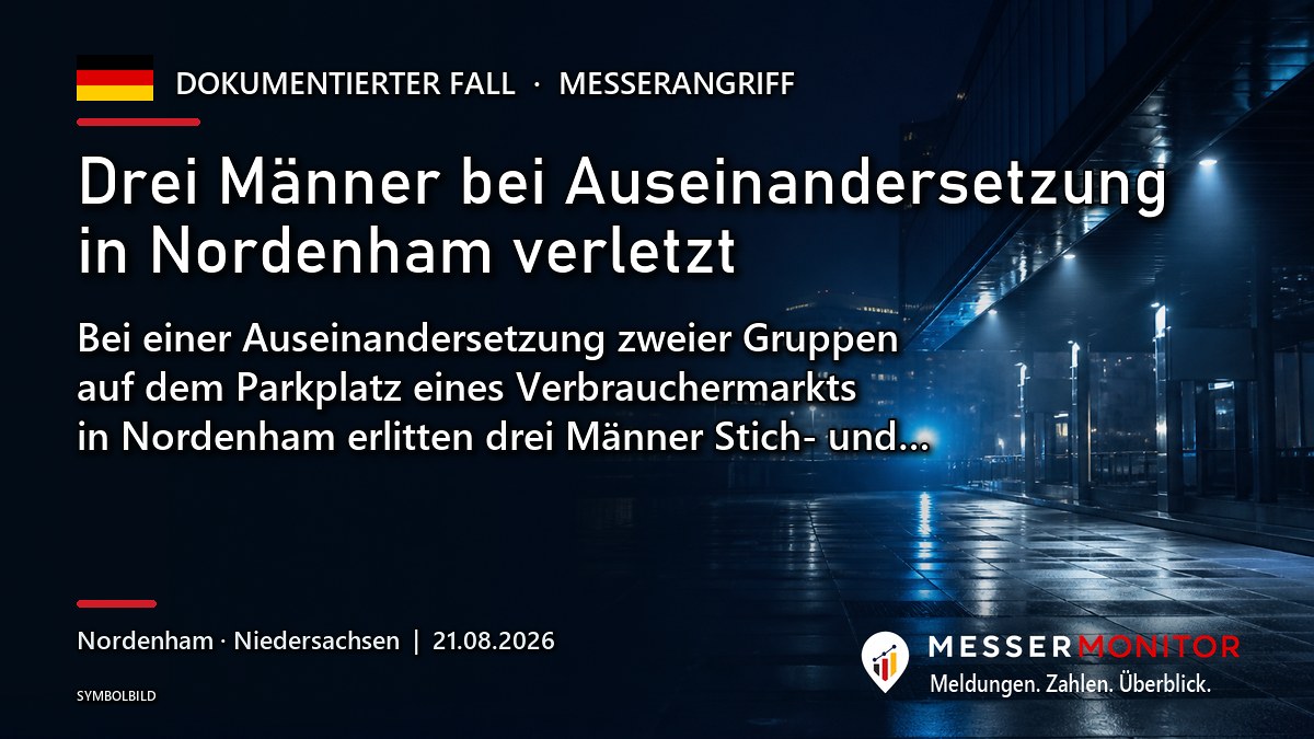 Titelgrafik: Drei Männer bei Auseinandersetzung in Nordenham verletzt. Bei einer Auseinandersetzung zweier Gruppen auf dem Parkplatz eines Verbrauchermarkts in Nordenham erlitten drei Männer Stich- und….