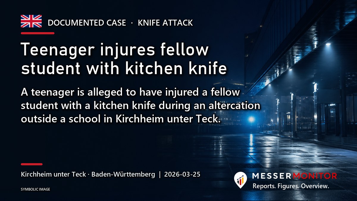 Title image: Teenager injures fellow student with kitchen knife. A teenager is alleged to have injured a fellow student with a kitchen knife during an altercation outside a school in Kirchheim unter Teck..