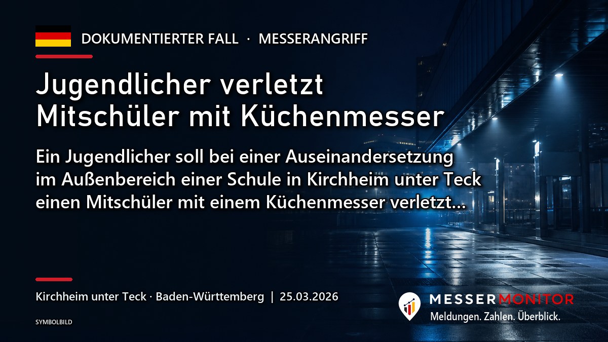 Titelgrafik: Jugendlicher verletzt Mitschüler mit Küchenmesser. Ein Jugendlicher soll bei einer Auseinandersetzung im Außenbereich einer Schule in Kirchheim unter Teck einen Mitschüler mit einem Küchenmesser verletzt….