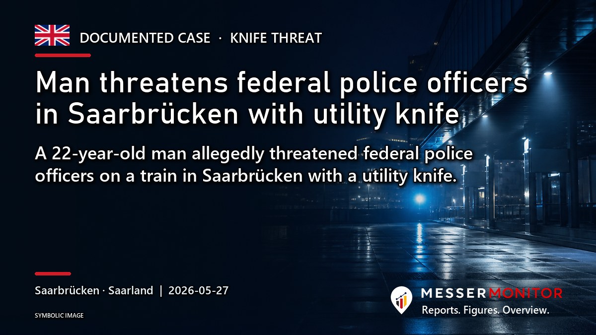 Title image: Man threatens federal police officers in Saarbrücken with utility knife. A 22-year-old man allegedly threatened federal police officers on a train in Saarbrücken with a utility knife..