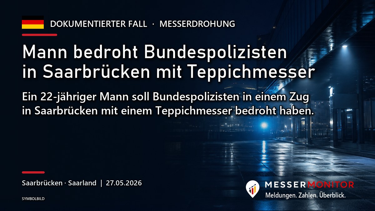 Titelgrafik: Mann bedroht Bundespolizisten in Saarbrücken mit Teppichmesser. Ein 22-jähriger Mann soll Bundespolizisten in einem Zug in Saarbrücken mit einem Teppichmesser bedroht haben..