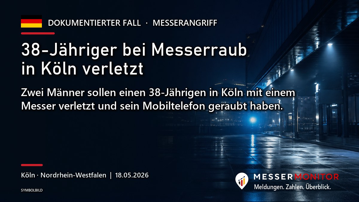 Titelgrafik: 38-Jähriger bei Messerraub in Köln verletzt. Zwei Männer sollen einen 38-Jährigen in Köln mit einem Messer verletzt und sein Mobiltelefon geraubt haben..