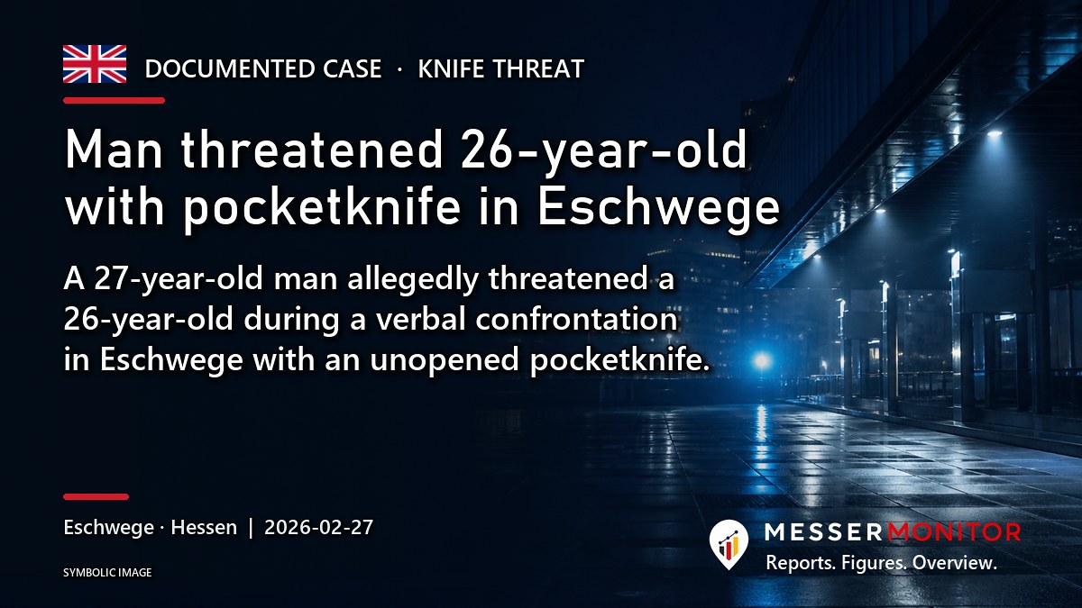 Title image: Man threatened 26-year-old with pocketknife in Eschwege. A 27-year-old man allegedly threatened a 26-year-old during a verbal confrontation in Eschwege with an unopened pocketknife..