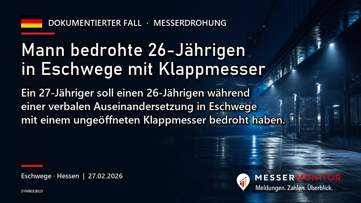 Titelgrafik: Mann bedrohte 26-Jährigen in Eschwege mit Klappmesser. Ein 27-Jähriger soll einen 26-Jährigen während einer verbalen Auseinandersetzung in Eschwege mit einem ungeöffneten Klappmesser bedroht haben..