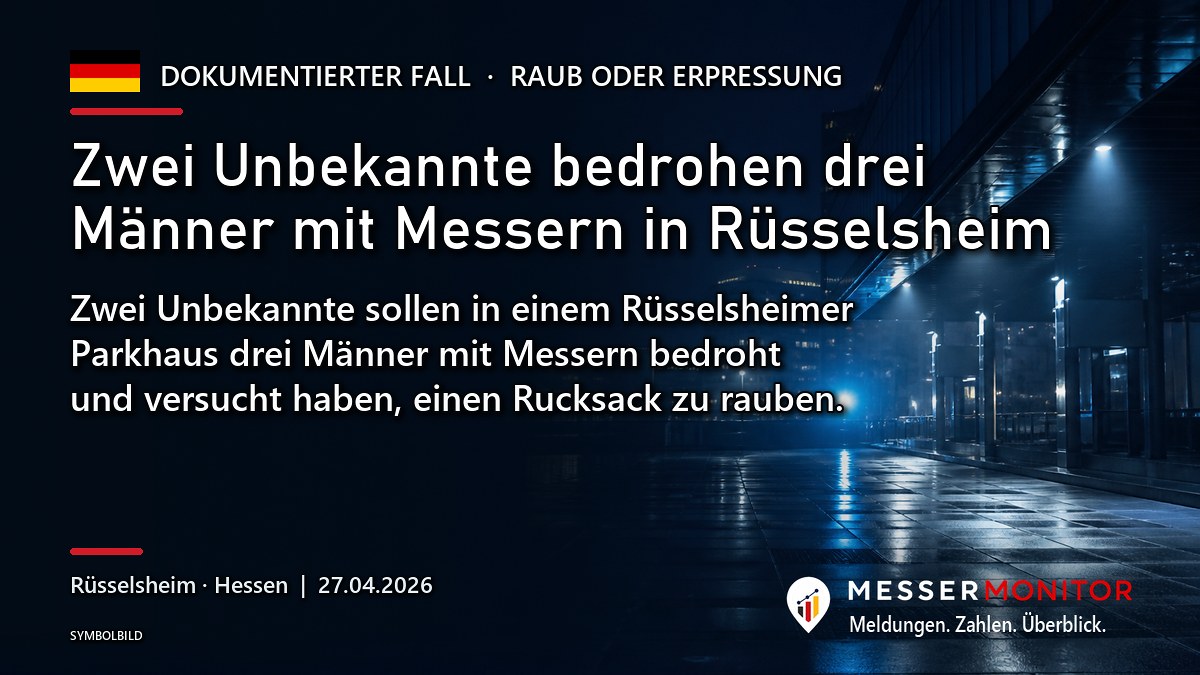 Titelgrafik: Zwei Unbekannte bedrohen drei Männer mit Messern in Rüsselsheim. Zwei Unbekannte sollen in einem Rüsselsheimer Parkhaus drei Männer mit Messern bedroht und versucht haben, einen Rucksack zu rauben..