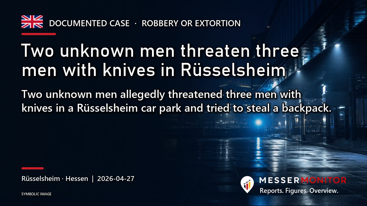 Title image: Two unknown men threaten three men with knives in Rüsselsheim. Two unknown men allegedly threatened three men with knives in a Rüsselsheim car park and tried to steal a backpack..
