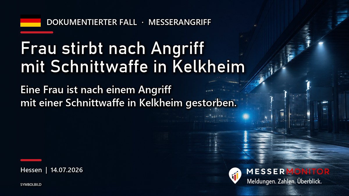 Titelgrafik: Frau stirbt nach Angriff mit Schnittwaffe in Kelkheim. Eine Frau ist nach einem Angriff mit einer Schnittwaffe in Kelkheim gestorben..