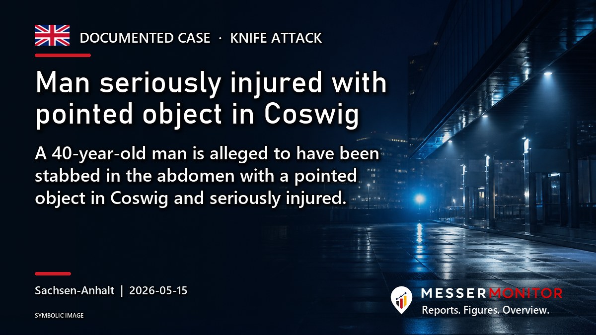 Title image: Man seriously injured with pointed object in Coswig. A 40-year-old man is alleged to have been stabbed in the abdomen with a pointed object in Coswig and seriously injured..