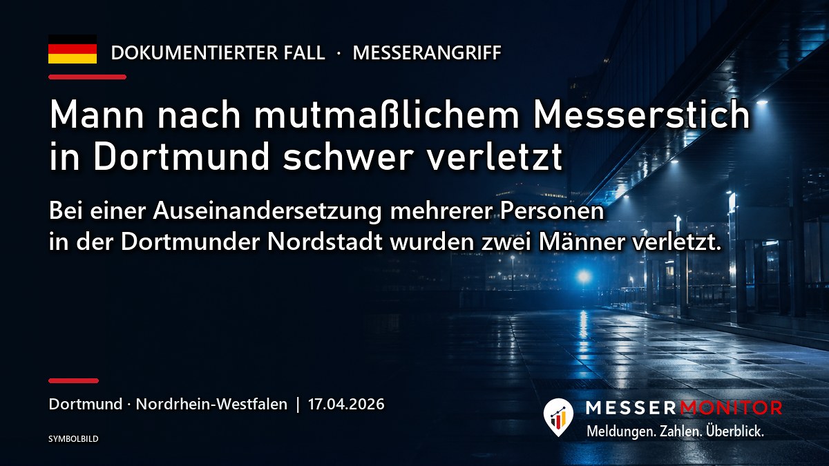 Titelgrafik: Mann nach mutmaßlichem Messerstich in Dortmund schwer verletzt. Bei einer Auseinandersetzung mehrerer Personen in der Dortmunder Nordstadt wurden zwei Männer verletzt..