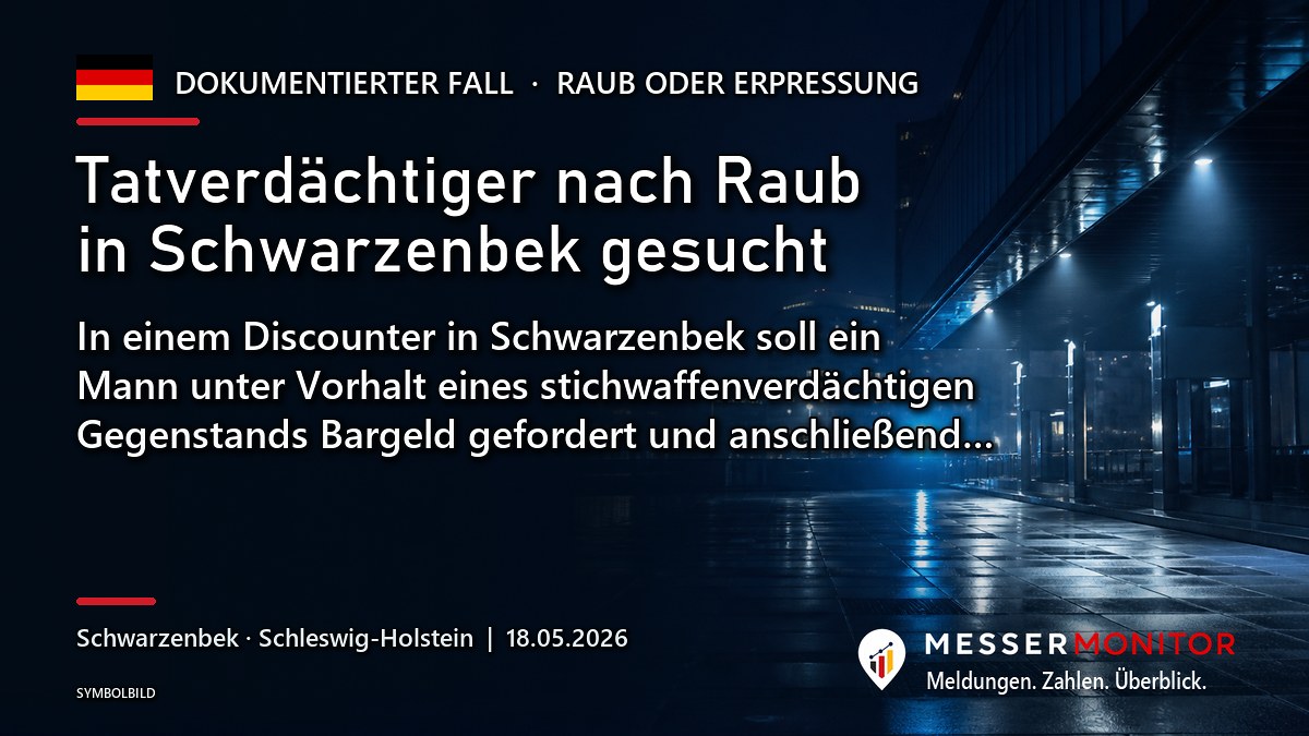 Titelgrafik: Tatverdächtiger nach Raub in Schwarzenbek gesucht. In einem Discounter in Schwarzenbek soll ein Mann unter Vorhalt eines stichwaffenverdächtigen Gegenstands Bargeld gefordert und anschließend….