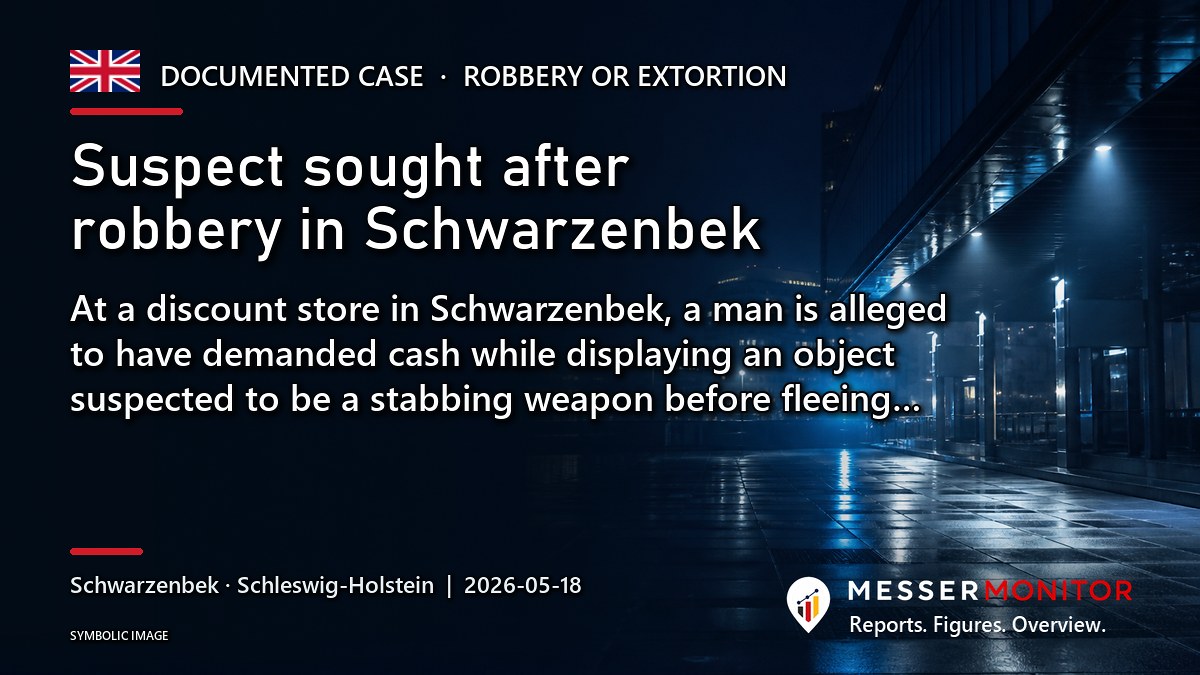 Title image: Suspect sought after robbery in Schwarzenbek. At a discount store in Schwarzenbek, a man is alleged to have demanded cash while displaying an object suspected to be a stabbing weapon before fleeing….