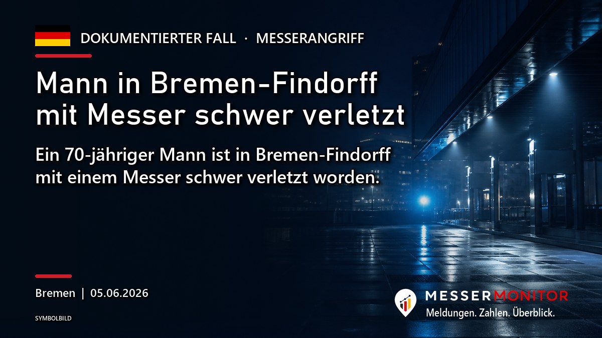 Titelgrafik: Mann in Bremen-Findorff mit Messer schwer verletzt. Ein 70-jähriger Mann ist in Bremen-Findorff mit einem Messer schwer verletzt worden..