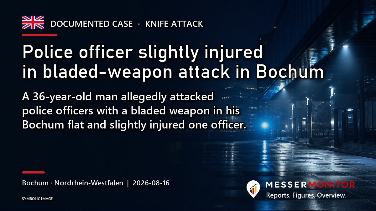 Title image: Police officer slightly injured in bladed-weapon attack in Bochum. A 36-year-old man allegedly attacked police officers with a bladed weapon in his Bochum flat and slightly injured one officer..