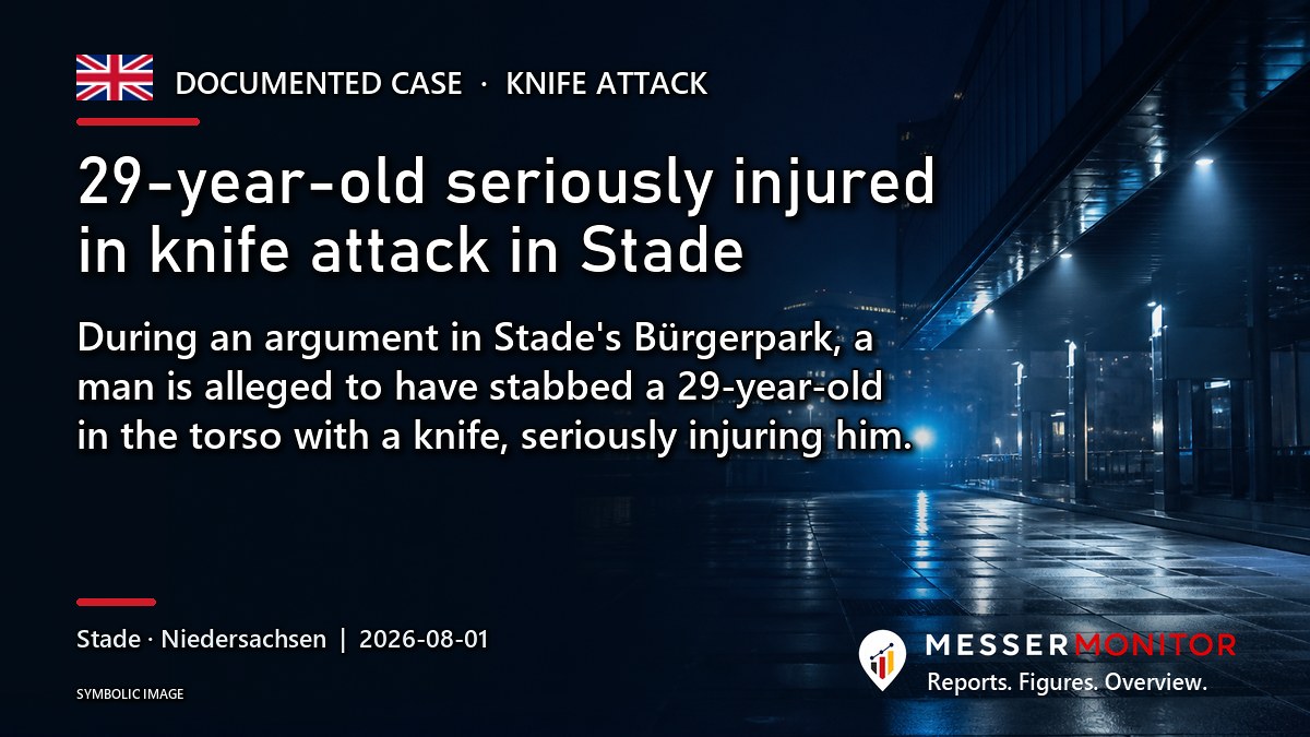 Title image: 29-year-old seriously injured in knife attack in Stade. During an argument in Stade's Bürgerpark, a man is alleged to have stabbed a 29-year-old in the torso with a knife, seriously injuring him..