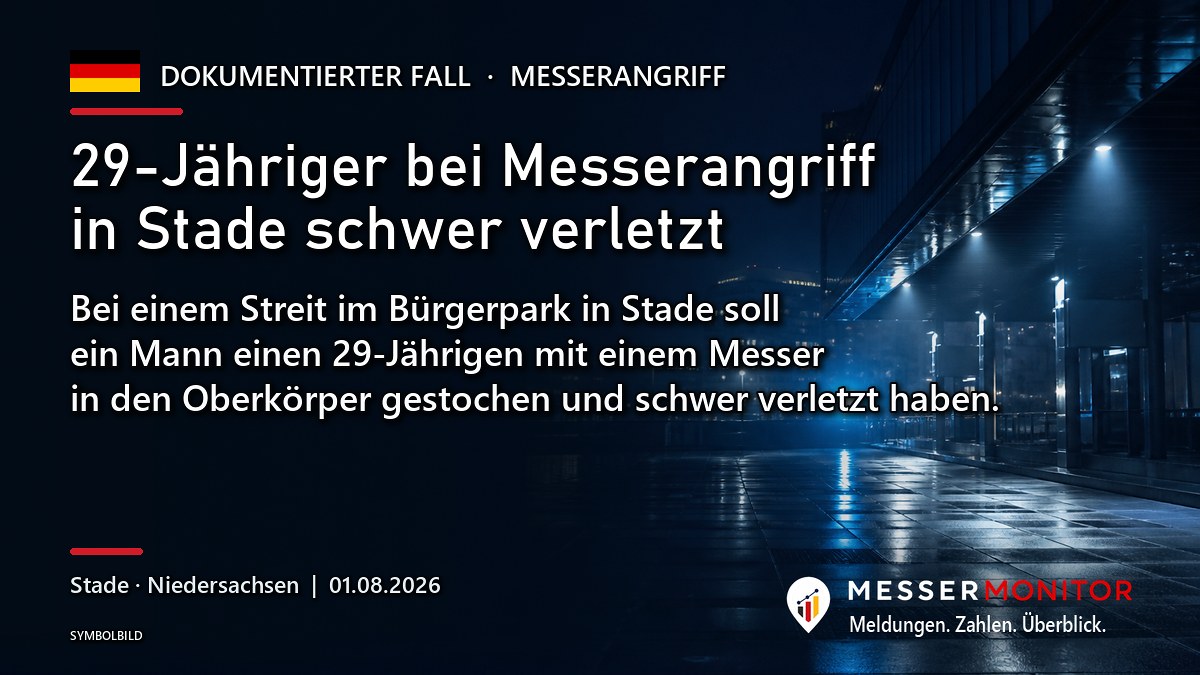 Titelgrafik: 29-Jähriger bei Messerangriff in Stade schwer verletzt. Bei einem Streit im Bürgerpark in Stade soll ein Mann einen 29-Jährigen mit einem Messer in den Oberkörper gestochen und schwer verletzt haben..