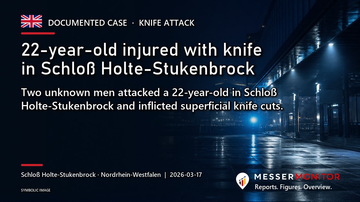 Title image: 22-year-old injured with knife in Schloß Holte-Stukenbrock. Two unknown men attacked a 22-year-old in Schloß Holte-Stukenbrock and inflicted superficial knife cuts..
