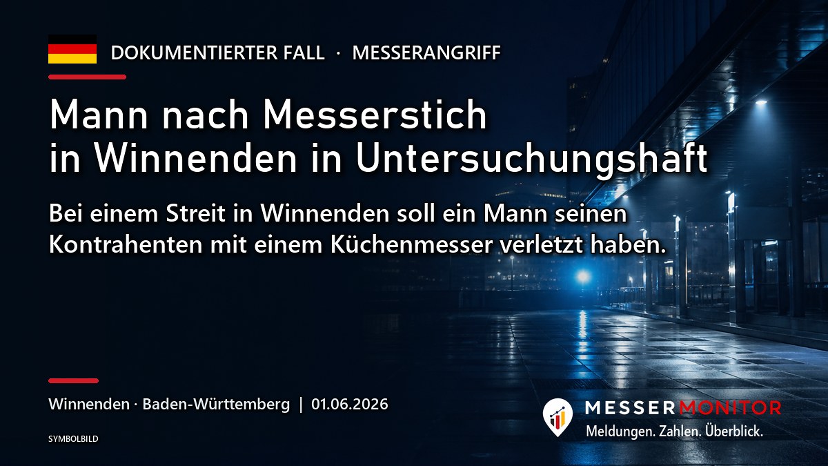 Titelgrafik: Mann nach Messerstich in Winnenden in Untersuchungshaft. Bei einem Streit in Winnenden soll ein Mann seinen Kontrahenten mit einem Küchenmesser verletzt haben..
