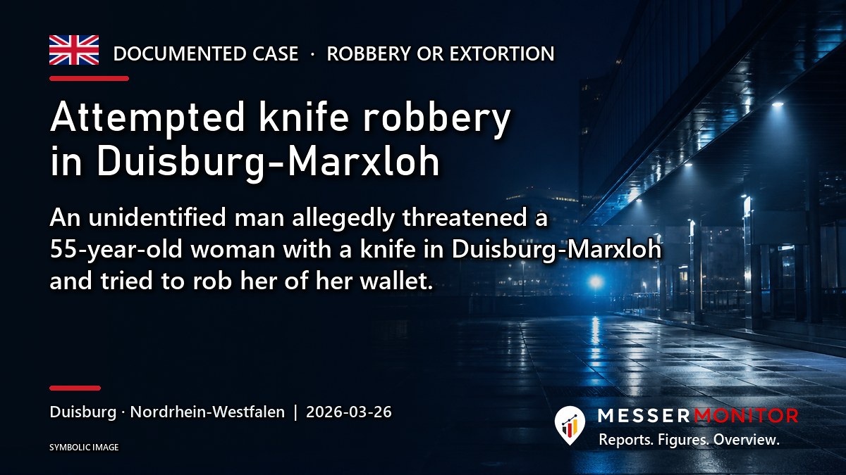 Title image: Attempted knife robbery in Duisburg-Marxloh. An unidentified man allegedly threatened a 55-year-old woman with a knife in Duisburg-Marxloh and tried to rob her of her wallet..